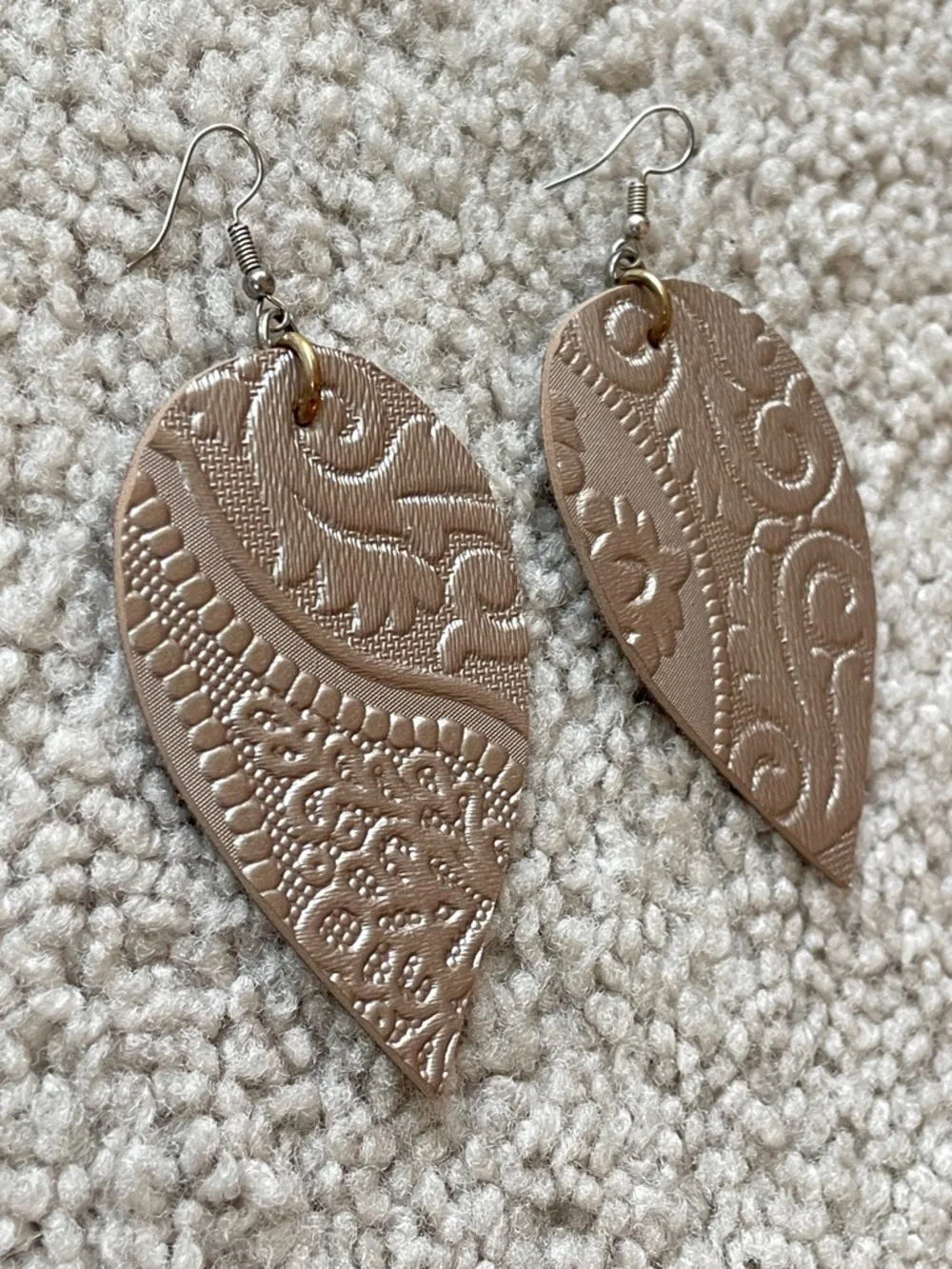 Boutique Embossed Faux Leather Western Metallic Pewter Tan Teardrop Earrings